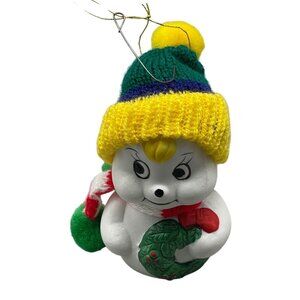 GIFTCO Snow Bells Porcelain Bear Bell Ornament Yellow n Green Knit Hat Xmas 3.5"